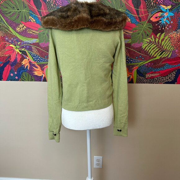 HWR Monogram Anthropologie Green Cardigan with Faux Fur Collar Size S - Picture 3 of 7